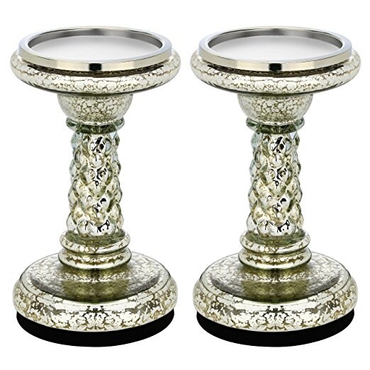 7.8" LED Candle Holders with Timer , Mercury Glass Pillar Candle Holder